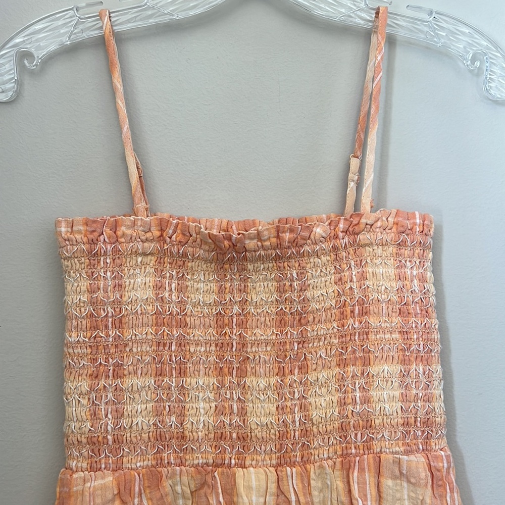 American Eagle Smockin On Sunshine Strapless Dress Peach Plaid Linen Blend | XS - Picture 6 of 9